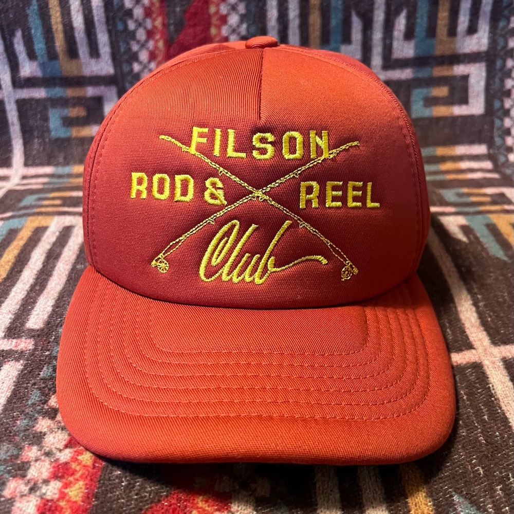 Filson Harvester Rod & Reel Club Fishing Hat Cap ~ Rust Red ~ SnapBack Trucker